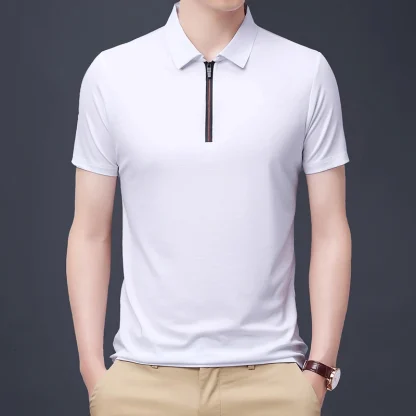 Zippered Polo Solid Color Shirt - Image 3