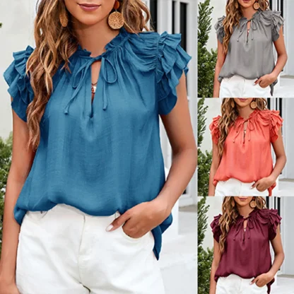 Ruffle Sleeve Solid Color Shirts - Image 6