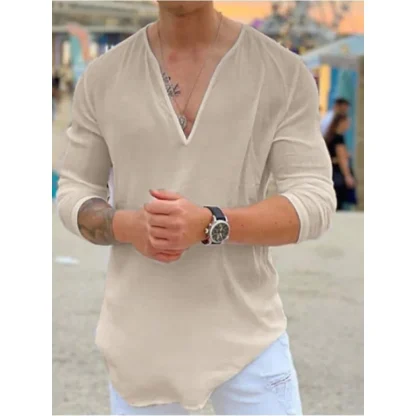 V-neck Long Sleeve Solid Color Shirt - Image 2