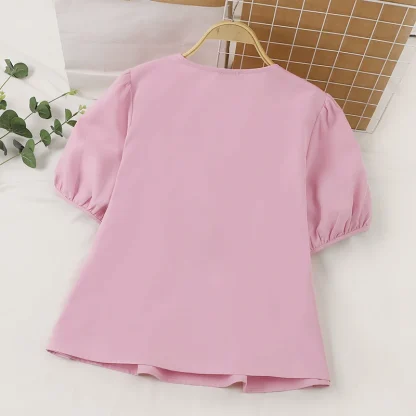 Pleated V-neck Solid Color Shirts - Image 5