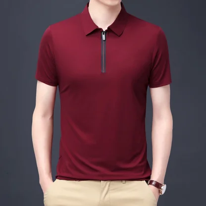 Zippered Polo Solid Color Shirt - Image 2