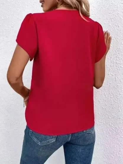 V-neck Petal Sleeve Solid Color Shirt - Image 6