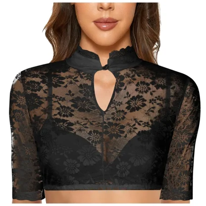 Cropped Sheer Lace Solid Color Shirt - Image 5