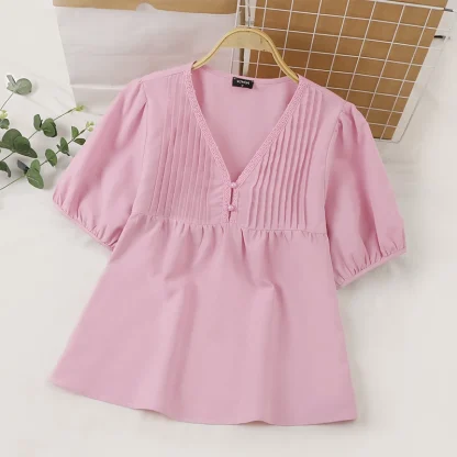 Pleated V-neck Solid Color Shirts - Image 4