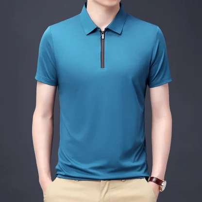 Zippered Polo Solid Color Shirt - Image 4
