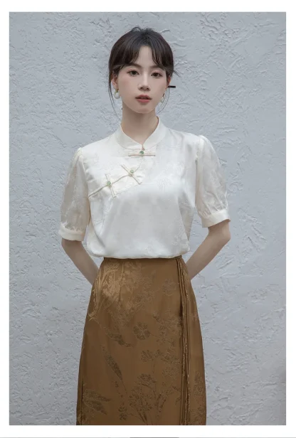Standing Collar Solid Color Shirt - Image 4