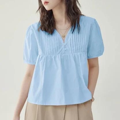 Pleated V-neck Solid Color Shirts - Image 3