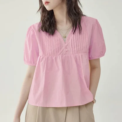 Pleated V-neck Solid Color Shirts