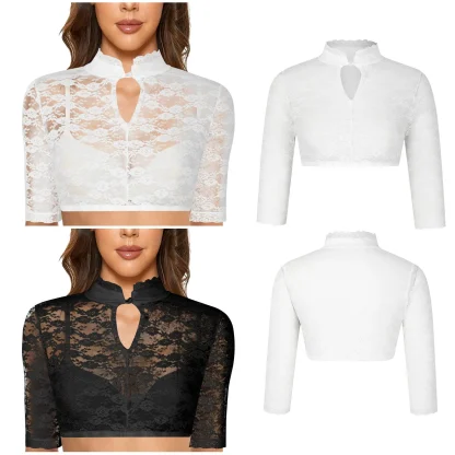 Cropped Sheer Lace Solid Color Shirt - Image 2