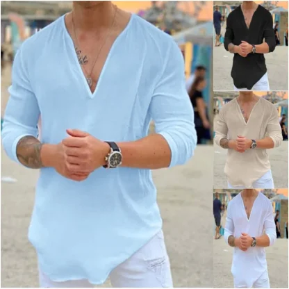 V-neck Long Sleeve Solid Color Shirt - Image 4
