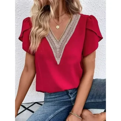 V-neck Petal Sleeve Solid Color Shirt - Image 5
