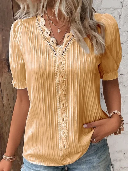 Lace Trim Solid Color Shirts - Image 4