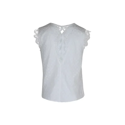 V-neck Lace Trim Solid Color Shirt - Image 6