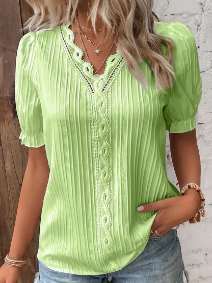 Lace Trim Solid Color Shirts - Image 5