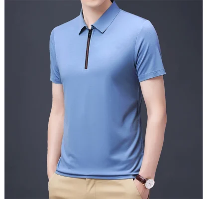 Zippered Polo Solid Color Shirt - Image 5