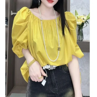 Elegant Puff Sleeve Solid Color Shirts - Image 3