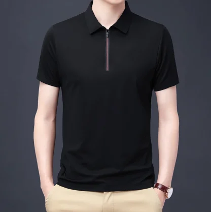 Zippered Polo Solid Color Shirt