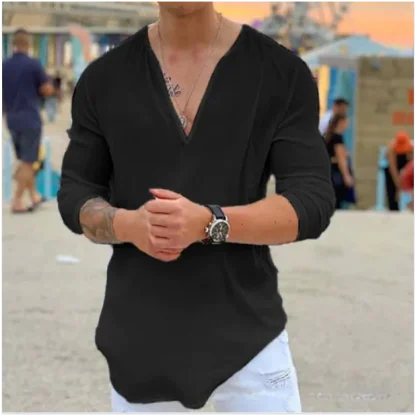 V-neck Long Sleeve Solid Color Shirt - Image 3
