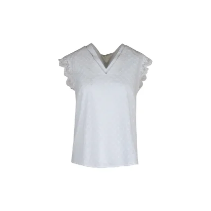V-neck Lace Trim Solid Color Shirt - Image 5