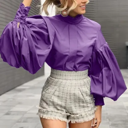Long Lantern Sleeve Solid Color Shirts