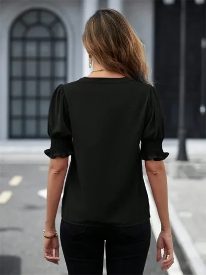 V-neck Puff Sleeve Solid Color Shirt - Image 6
