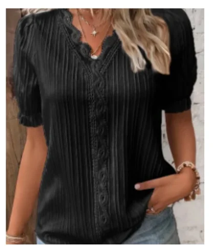 Lace Trim Solid Color Shirts - Image 3