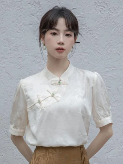 Standing Collar Solid Color Shirt - Image 3