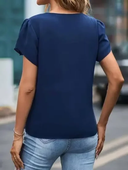 V-neck Petal Sleeve Solid Color Shirt - Image 4