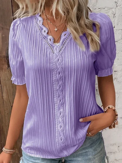 Lace Trim Solid Color Shirts - Image 6