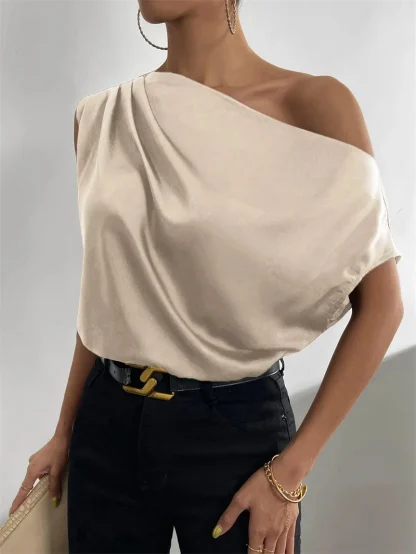 Slanted Neckline Solid Color Shirt - Image 6