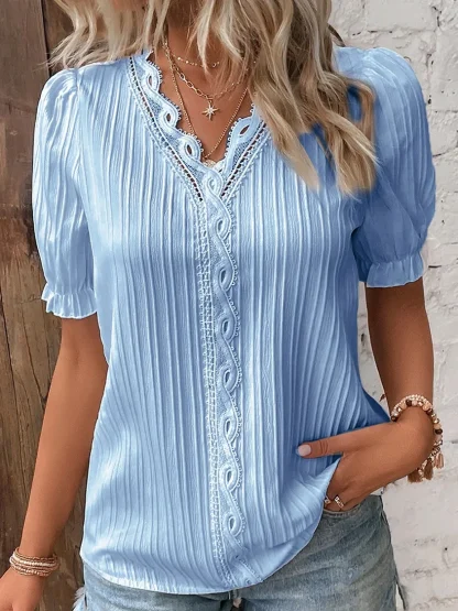 Lace Trim Solid Color Shirts - Image 2