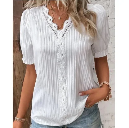 Lace Trim Solid Color Shirts