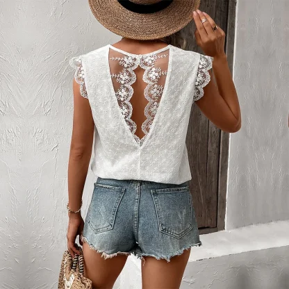 V-neck Lace Trim Solid Color Shirt - Image 4