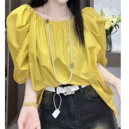 Elegant Puff Sleeve Solid Color Shirts