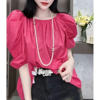 Elegant Puff Sleeve Solid Color Shirts - Image 7