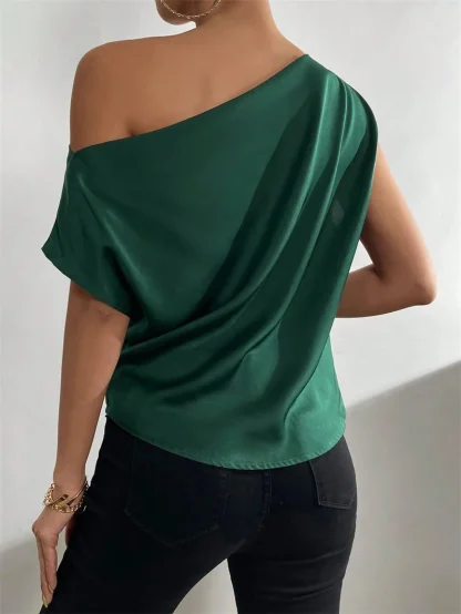 Slanted Neckline Solid Color Shirt - Image 4
