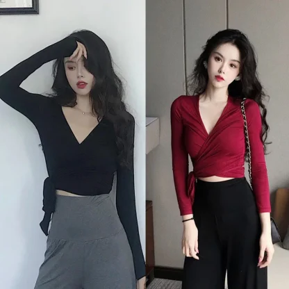 V-neck Wrap Solid Color Shirt - Image 4