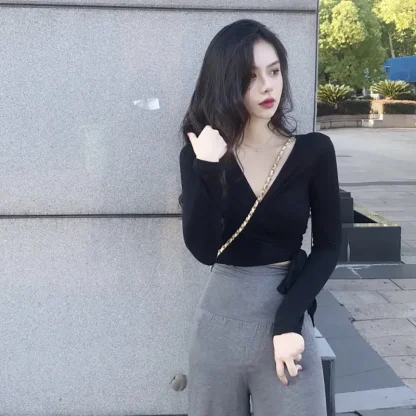 V-neck Wrap Solid Color Shirt - Image 7