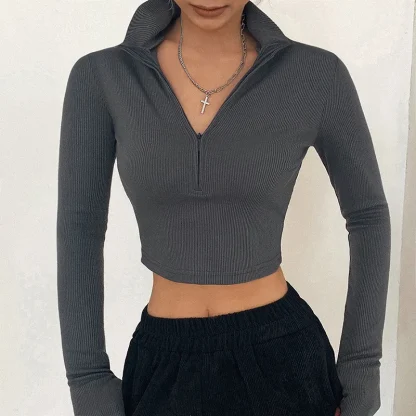 Zipper Collar Solid Color Shirt