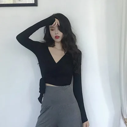 V-neck Wrap Solid Color Shirt - Image 5