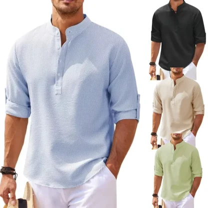 Buttoned Neckline Solid Color Shirts - Image 5