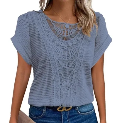 Lace Stitching Solid Color Shirt - Image 2