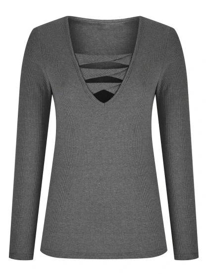 V-neck Cutout Solid Color Shirt - Image 3