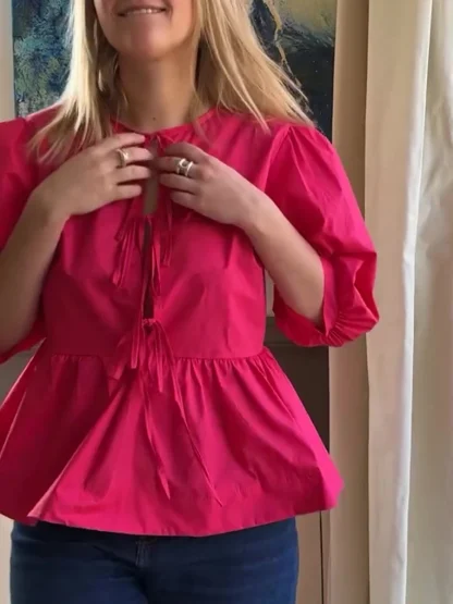Peplum Half Sleeve Solid Color Shirt - Image 6