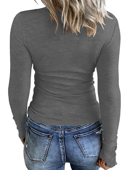 V-neck Cutout Solid Color Shirt - Image 2