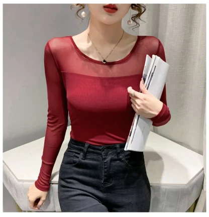 Mesh Long Sleeve Solid Color Shirts - Image 2