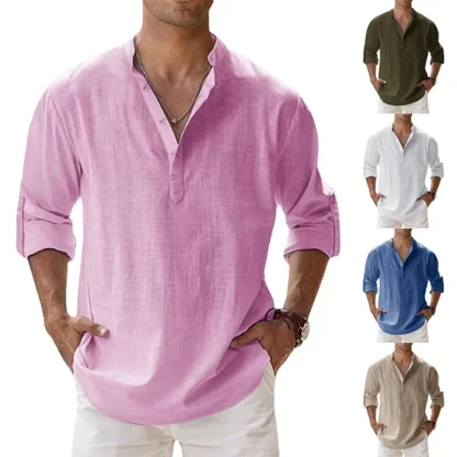 Buttoned V-neck Solid Color Shirts - Image 6