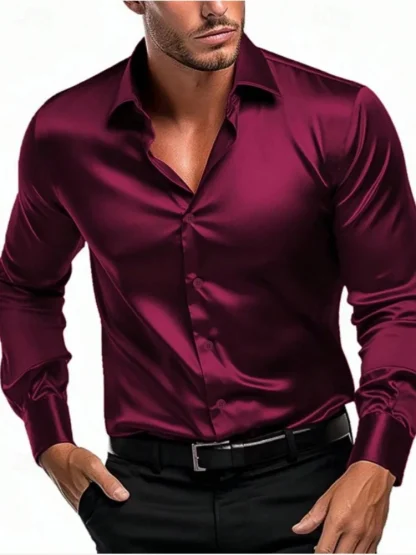 Shiny Long Sleeve Solid Color Shirt - Image 5