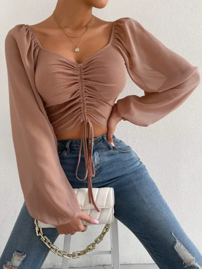Drawstring Sexy Solid Color Shirts - Image 5