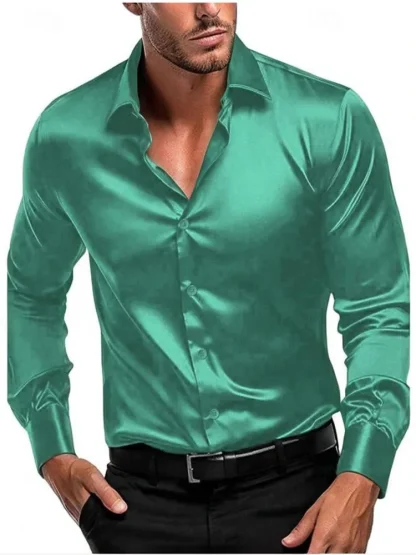 Shiny Long Sleeve Solid Color Shirt - Image 3